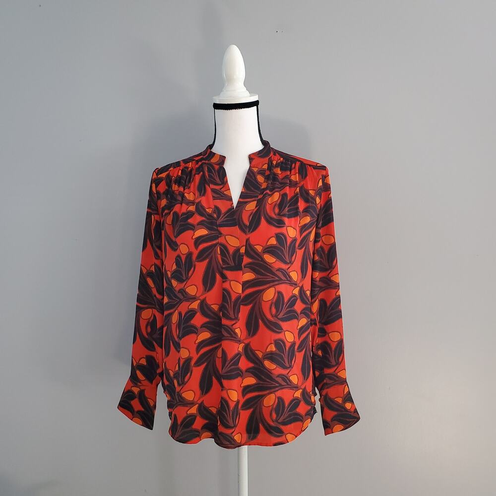 Ann Taylor Petite Orange Floral Pattern Button Down Top SP
